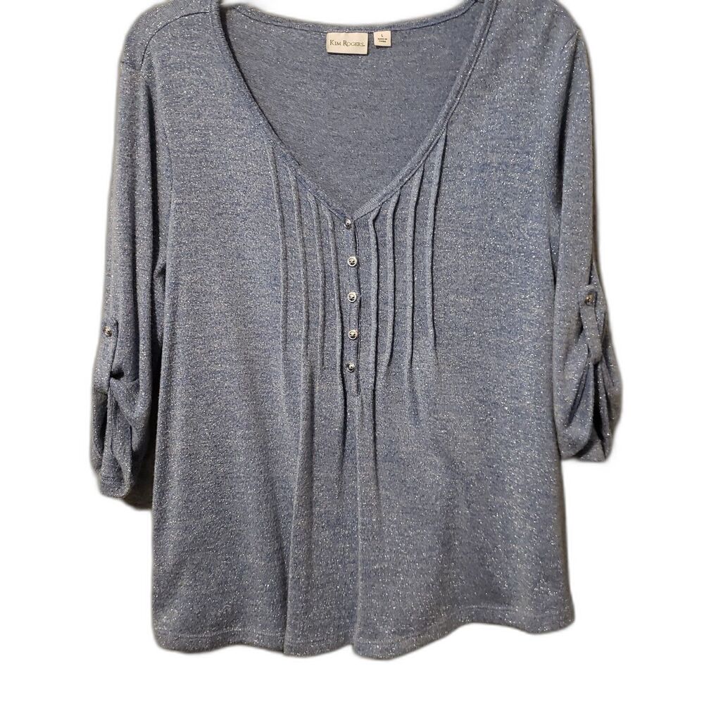 Kim Rogers Top Woman's Large Blue Sparkle Adjustable Sleeve V Neck Shirt